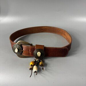 Vintage LEATHEROCK Women's Western Brown Leather Boho Shells Hippie Belt, Size M